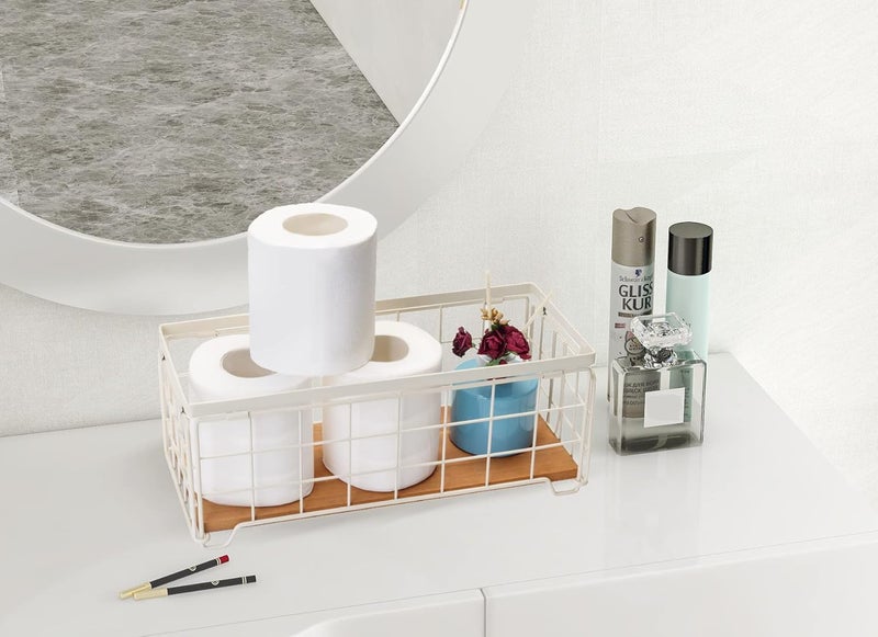 TIEYIPIN Metal Wire Storage Basket, Toilet Paper Roll Holder Wood Base Countertop Decor Box Toilet Tank Shelf Cabinet Organizer for Bathroom Pantry Garage Bedroom Livingroom - Cream White - Image 2
